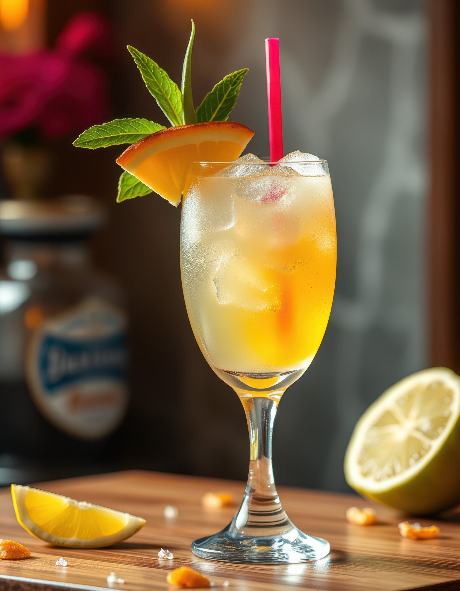 Refreshing cocktail garnished with fresh fruit and herbs in a warm atmosphere